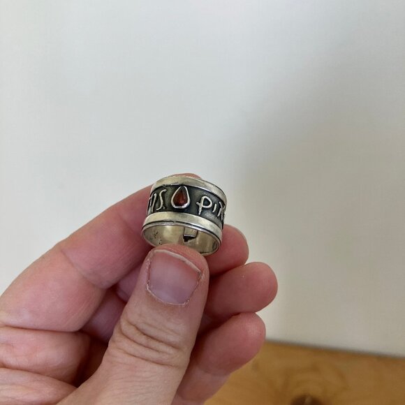 Greek Philotes Friendship Wide Band Ring w/ Garnet Vintage Past Times 925 Silver - Picture 2 of 11